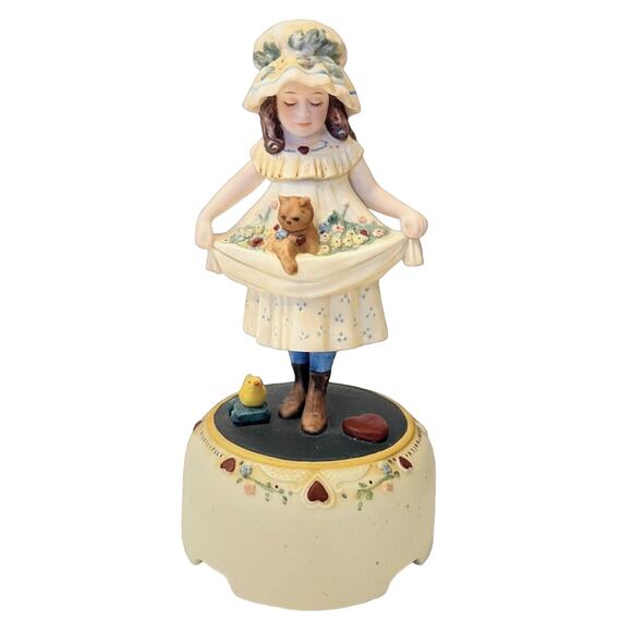 Jan Hagara PORCELAIN GIRL FIGURINE 7” Yellow Duck Chick Kitty Cat Flowers Heart - Picture 1 of 7